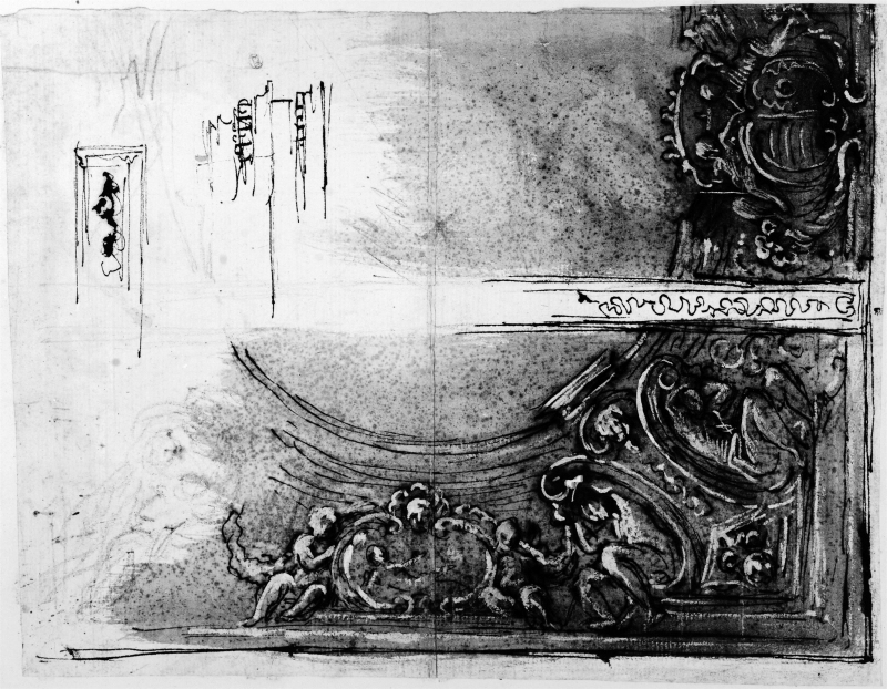Study for a ceiling decoration, a corner with atalantes and cartouches