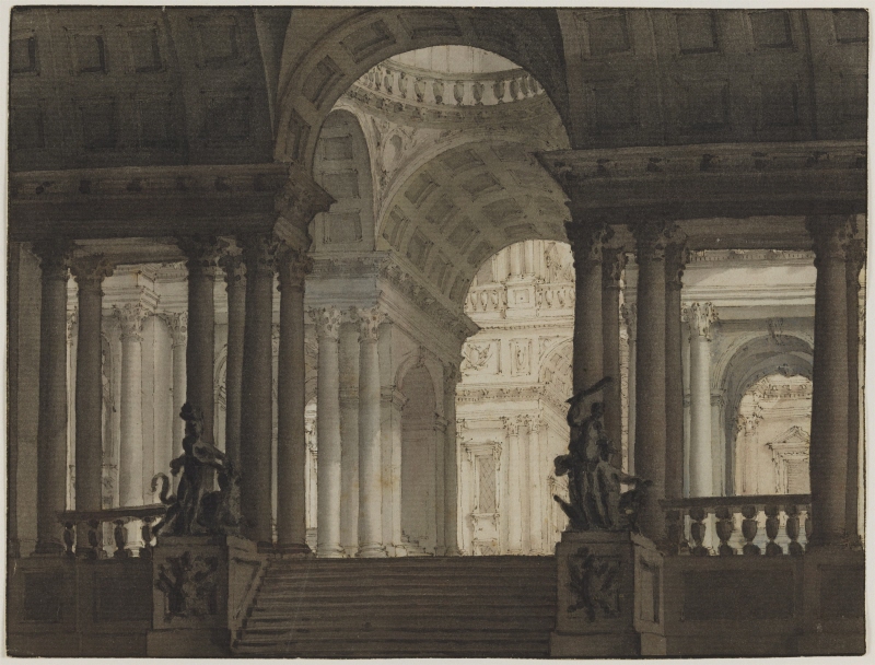 Arkitekturfantasi / scendekor, interiör av monumental kolonnhall med överljus