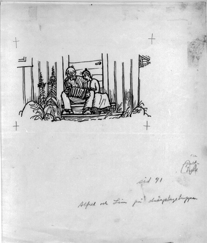 Illustration till "Nya hyss av Emil i Lönneberga" av Astrid Lindgren. Alfred och Lina på drängstugutrappan, sidan 41