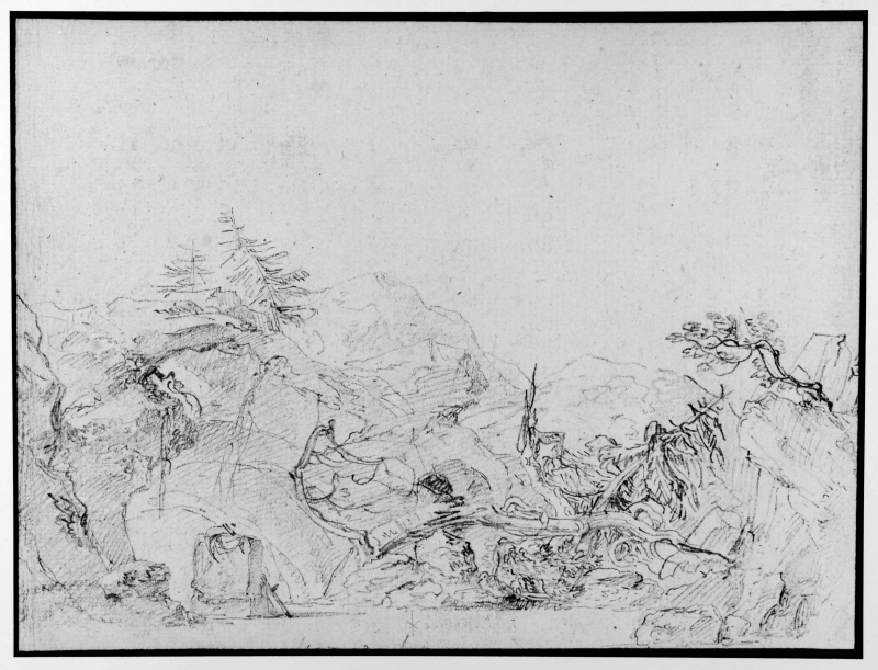 Utkast till scenbild föreställande landskap med klippgrotta, ämnad för Glucks opera "Alceste"
