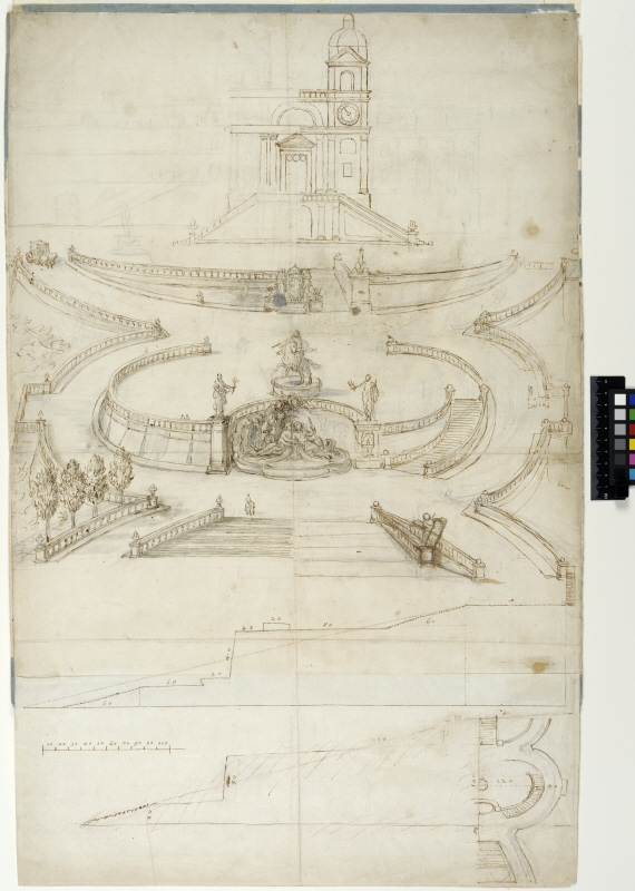 The Spanish steps, Rome. Project with equestrian statue and two alternative flights of steps. Perspective view, plan and sections