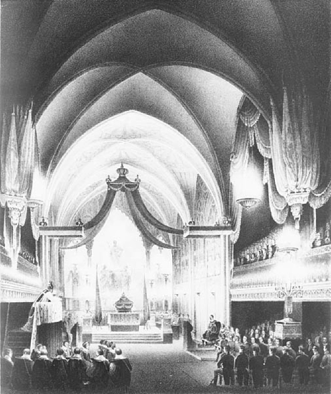 Kongliga Riddarholms kyrkan vid Carl XIV Johans begravning. 26 April 1844
