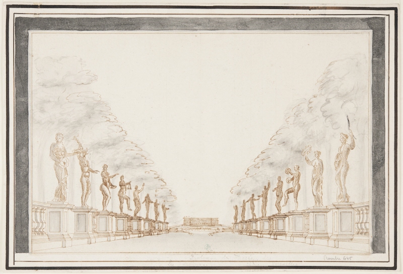 Teaterdekor; trädgården i Versailles, för prologen av Lully's opera Thésée