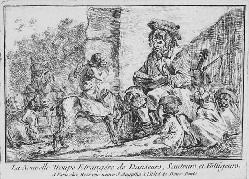 Kostymerade hundar och apor kring sin förevisare. "La Nouvelle Troupe...Voltigeurs"