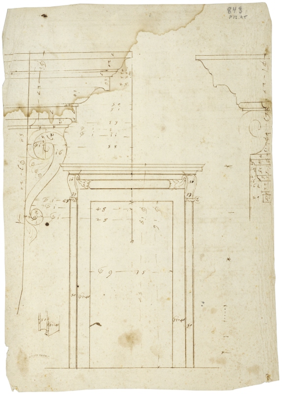 Rome: Palazzo Massimo, elevation of a portal (centre); profile of a cornice with consoles (upper right); detail of the portal frame (lower left); profile of the cornice of the windows of the piano nobile (upper right)