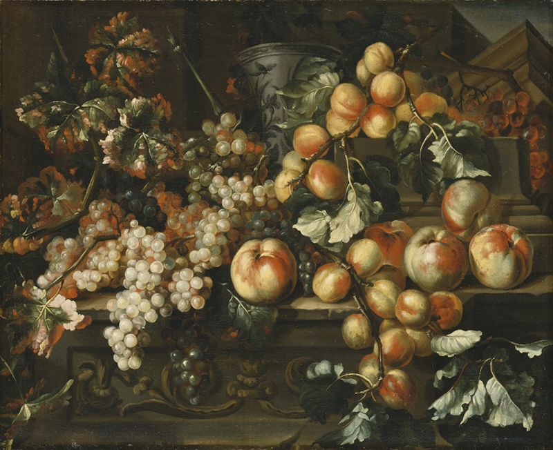 Stilleben med äpplen och druvor