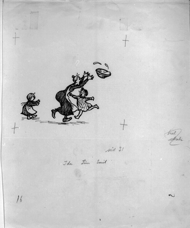 Illustration till "Nya hyss av Emil i Lönneberga" av Astrid Lindgren. Ida, Lina och Emil, sidan 31
