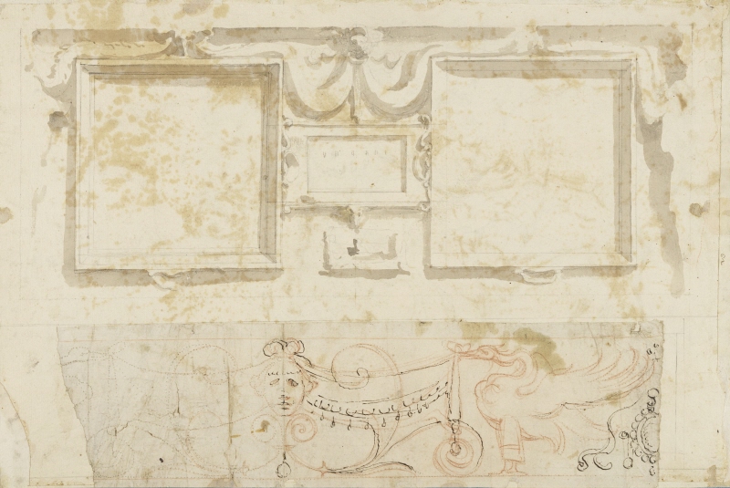 Studie för nedre delen av Stanza della Segnatura, och skiss av ett grotesk-ornament (påklistrad)