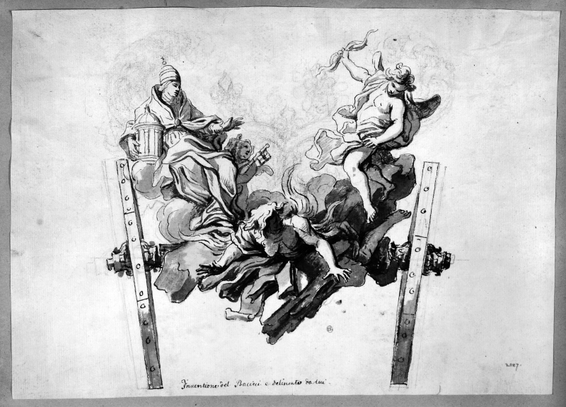 Bakkarm till kaross med allegoriska figurer; Katolska kyrkan sittande på ett moln och ärkeängeln Mikael som störtar kätterin från klipporna