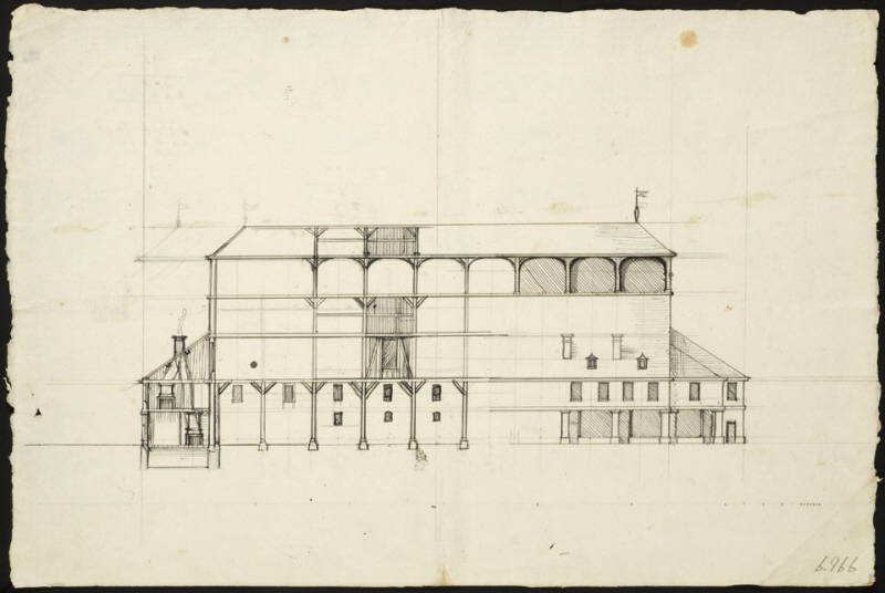 Skiss till ritning för en hallbyggnad i Paris. Längdsektion, samt elevation av sidofasad och interiörer