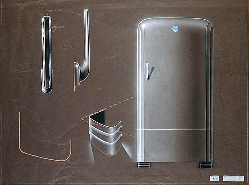Kylskåp med detaljteckning av handtag och fot