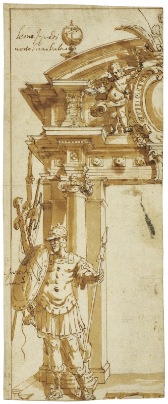 Unknown location: design for a book frontispiece; half-elevation of an Ionic aedicule with a Roman soldier, c.1617