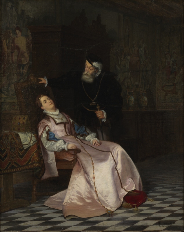 Gustav Vasa finds his consort Katarina Stenbock sleeping and hear her say "King Gösta I love, however, I will never forget Rosen