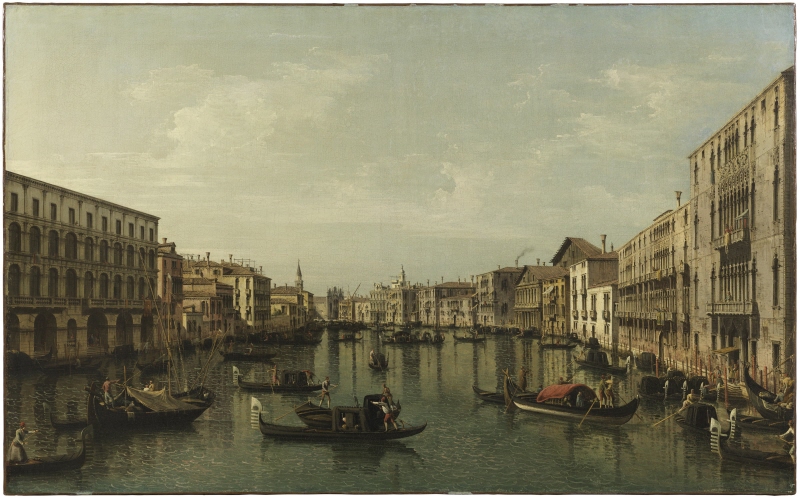 Vy över Canal Grande med Palazzo Foscari och Palazzo Moro Lin