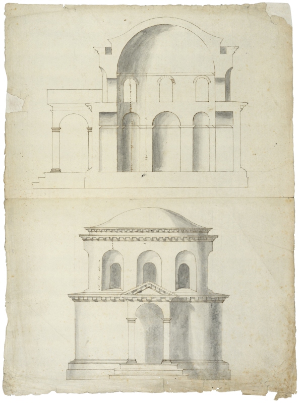 Tivoli (Campagna Romana): Tempio della Tosse?, longitudinal section and front elevation