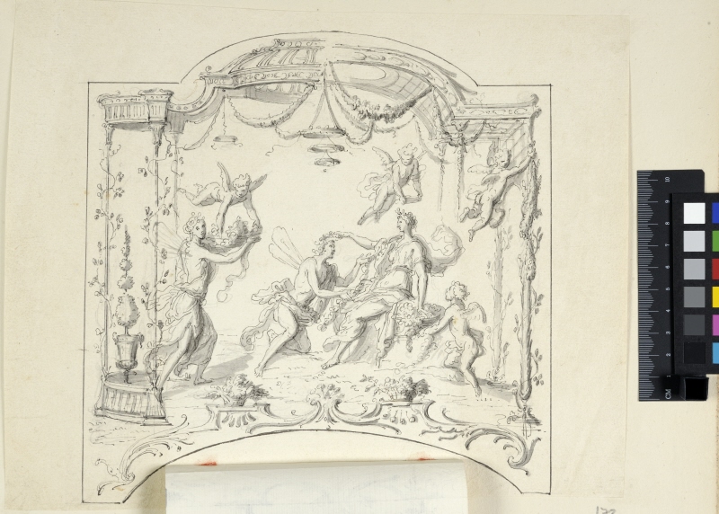 Draft for a Wall Panel with a Mythological Figural Scene within a Light Portico. A flap showing an alternative figural scene