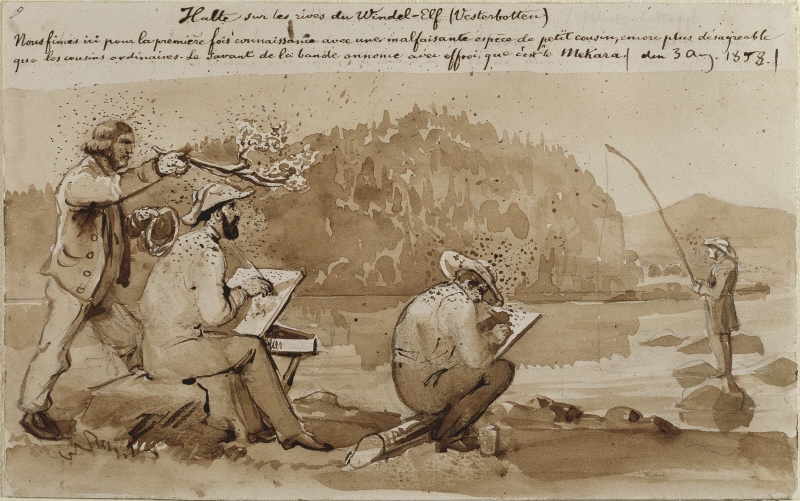 Halte sur les rives du Windel-Elf. Skissbok "Reseminnen från Norrland 1858"