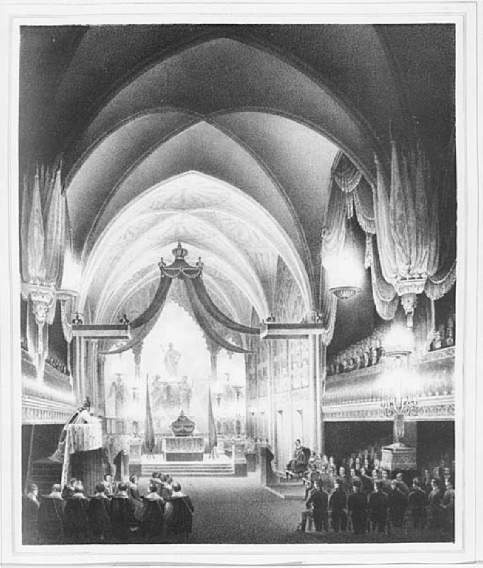 "Kongl. Riddareholms kyrkan vid Carl XIV Johans begravn. 26 april 1844".