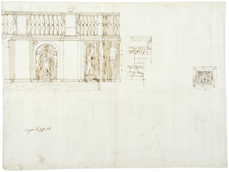 Villa Giulia, Rom. Elavation av 'fonte bassa' med hermer samt detaljritningar av en bas- och kornischprofil och en piedestal med maskaron