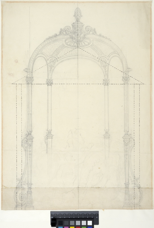 Versailles. Draft for the baldachin over Les Chevaux d'Apollon. Elevation with a figural sketch