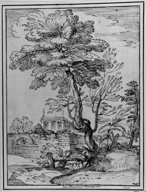 Landscape with villa in the background and large tree in the foreground
