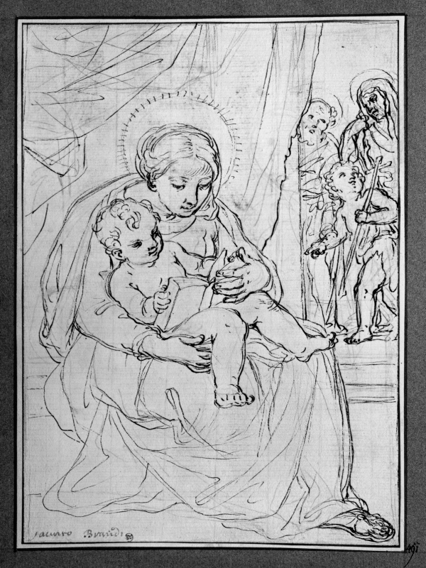 Madonnan och barnet. Till höger i bakgrunden St Josef, Johannes Döparen som barn och St Elisabet