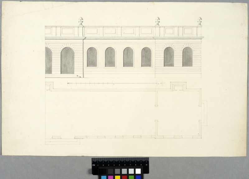 Proposal for Orangery, at Drottningholm? Elevation and plan of the right half