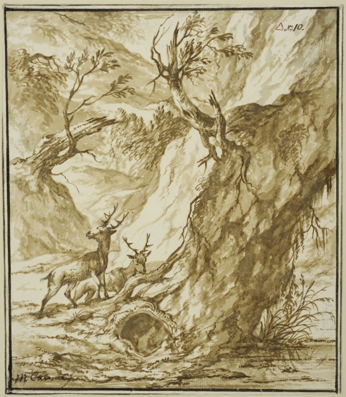 Landscape with Two Deer by a Large Tree Trunk