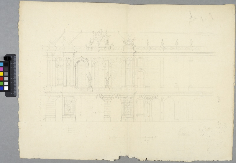 Design for a Circular Place Publique Enclosed by Townhouses. Study for elevation of left half of a palace facade