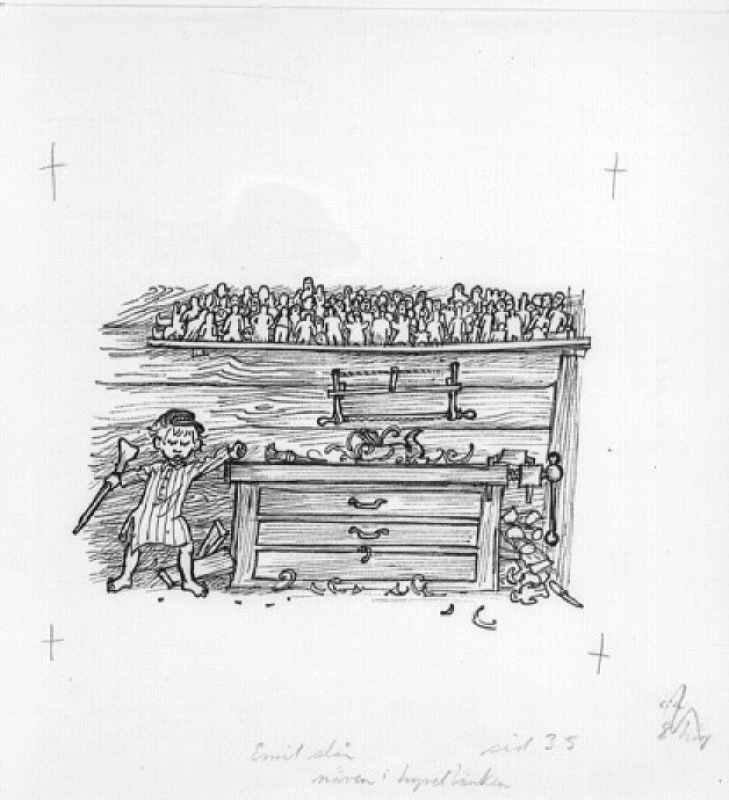 Illustration till "Nya hyss av Emil i Lönneberga" av Astrid Lindgren. Emil slår näven i hyvelbänken, sidan 35