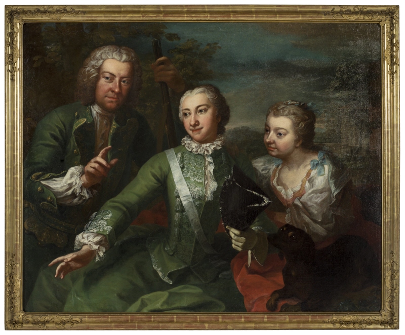 Carl Gustaf Tessin (1695–1770), greve, riksråd, överintendent, diplomat, hans maka Ulla Sparre af Sundby, g. Tessin (1711–1768), grevinna, överhovmästarinna, hennes niece Brita Stina Sparre, g.Törnflycht (1720–1776), grevinna, samt taxen Pehr, 1736