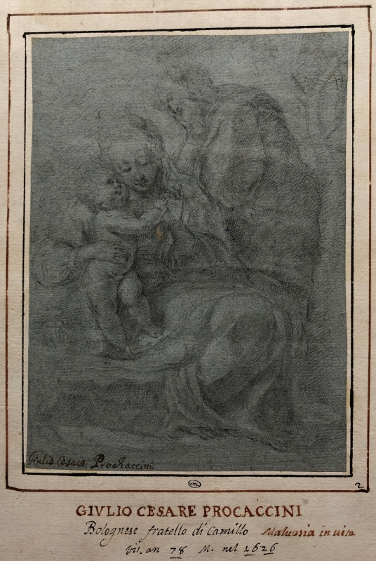 Den heliga familjen; verso: Tronande madonna med barn omgiven av apostlar och/eller helgon