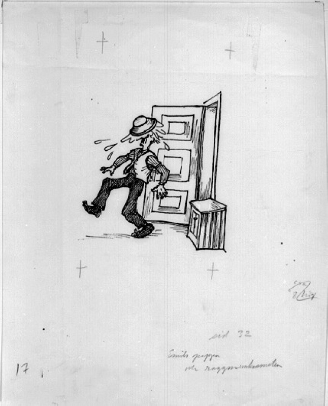 Illustration till "Nya hyss av Emil i Lönneberga" av Astrid Lindgren. Emils pappa och raggmunkssmeten, sidan 32