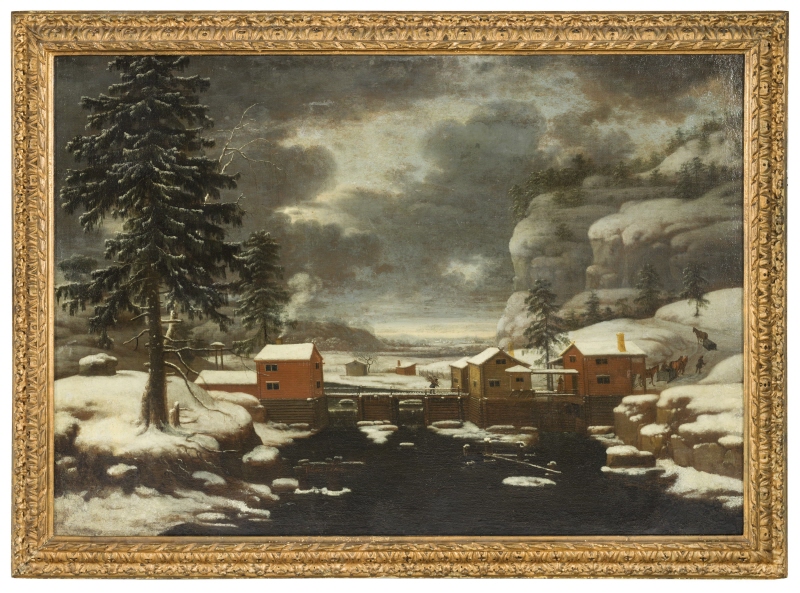 Winter Landscape with Dam Buildings Painted in Falu Red