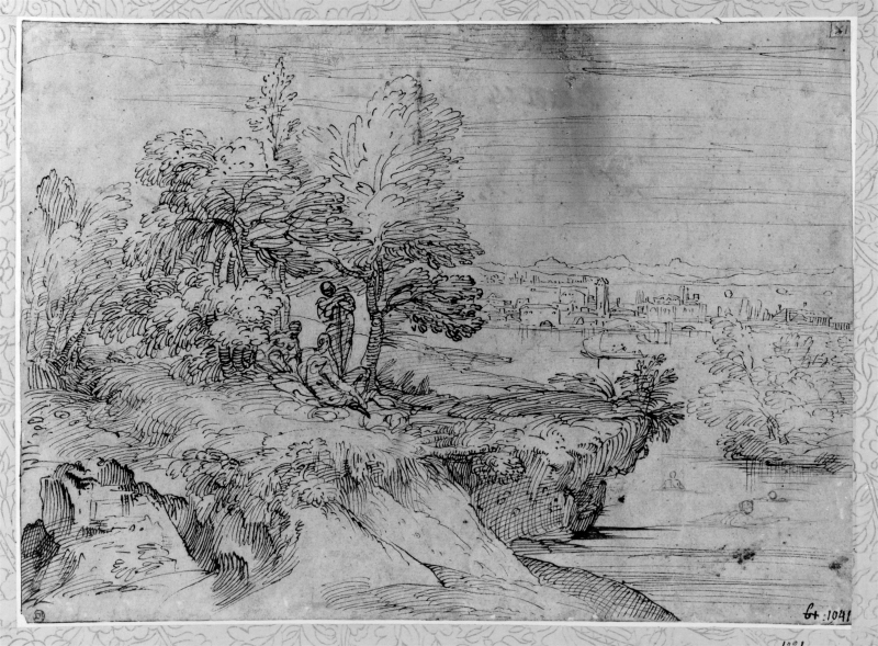 Landscape with three figures and swimmers
