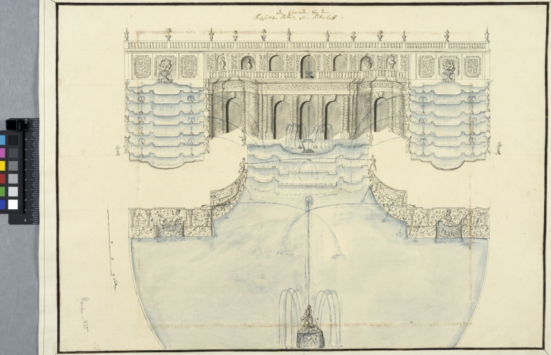 Elevation av Stora kaskaden vid Peterhof efter ett projekt utförst av Jean-Baptiste Alexandre Le Blond, c. 1740