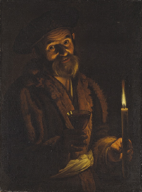Old Man Holding a Candle and a Glass
