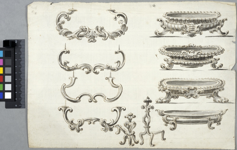 Design for Four Candle Holders, Two Fire Dogs and Four Bowls