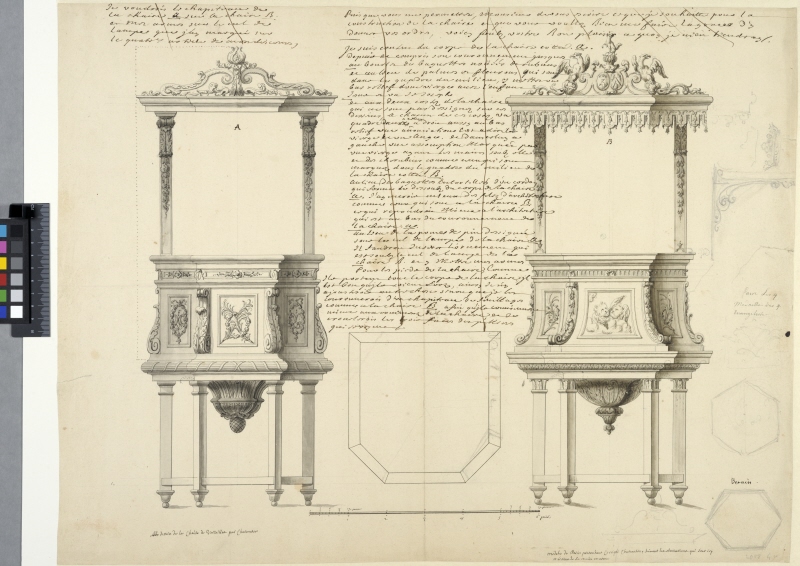 Two Proposals for a Portable Pulpit for the  Chapel of Versailles. Elevations, plan and text