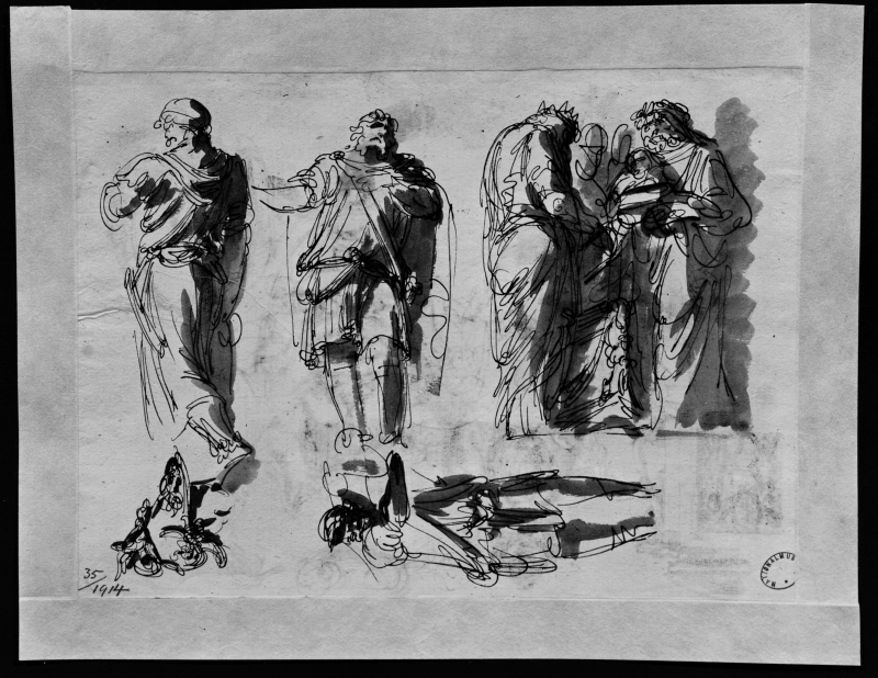 Sheet from a sketchbook: Draped figures