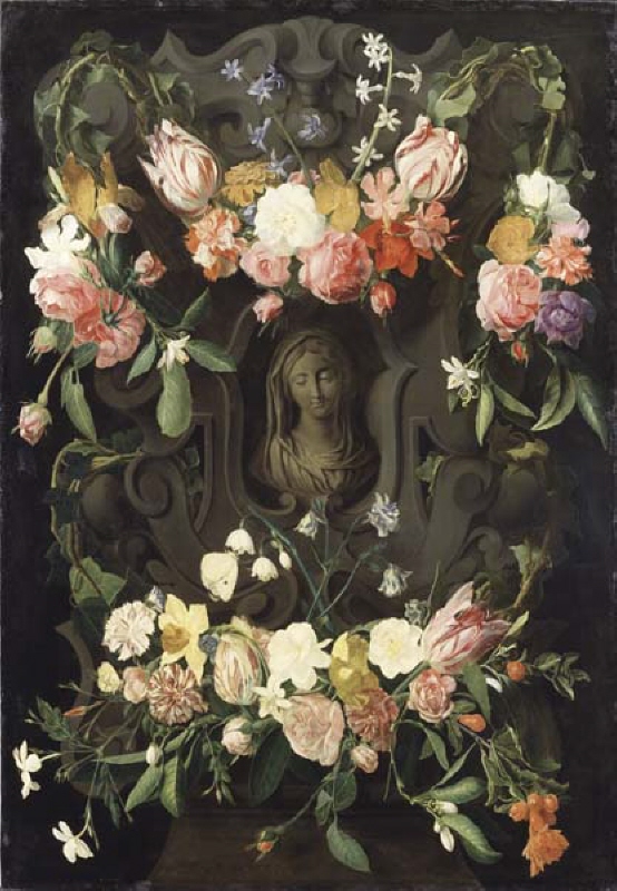 Flowers Surrounding a Cartouche with a Bust Portrait of the Virgin