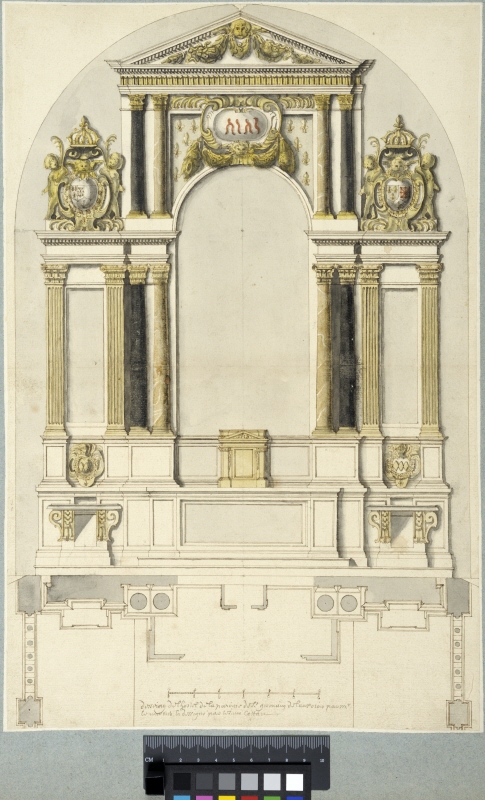 Altaruppsats för Saint-Germain-l'Auxerrois, Paris. Elevation och plan