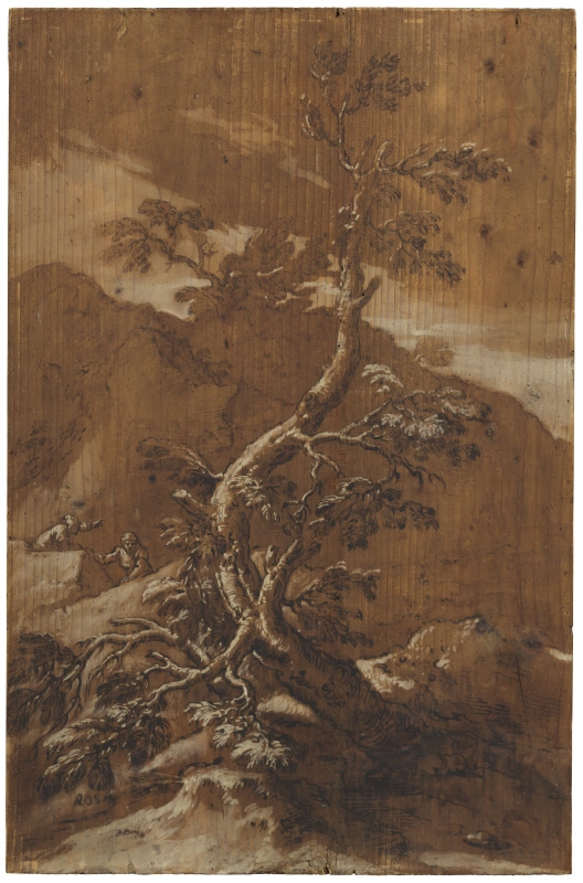 Bergigt landskap med träd och två figurer