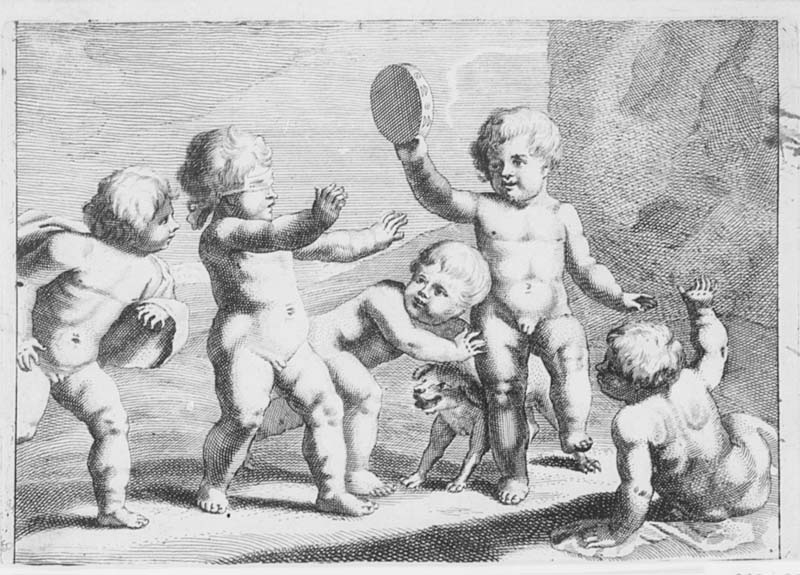 Fem putti med tamburin och hund. Barnlekar ("...Kinder-Spel..") 6 blad