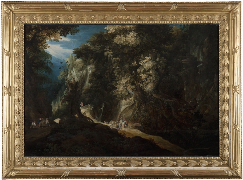 Wooded Mountain Landscape with Waterfall and Travellers