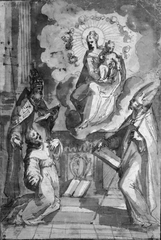 Madonnan i en vision avgudad av Sankt Fransiskus assisterad av Sankt Gregorius och Sankt Augustin