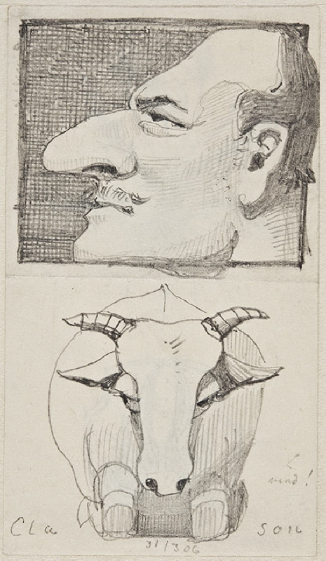 Manshuvud i profil, karikatyr, samt oxe en face