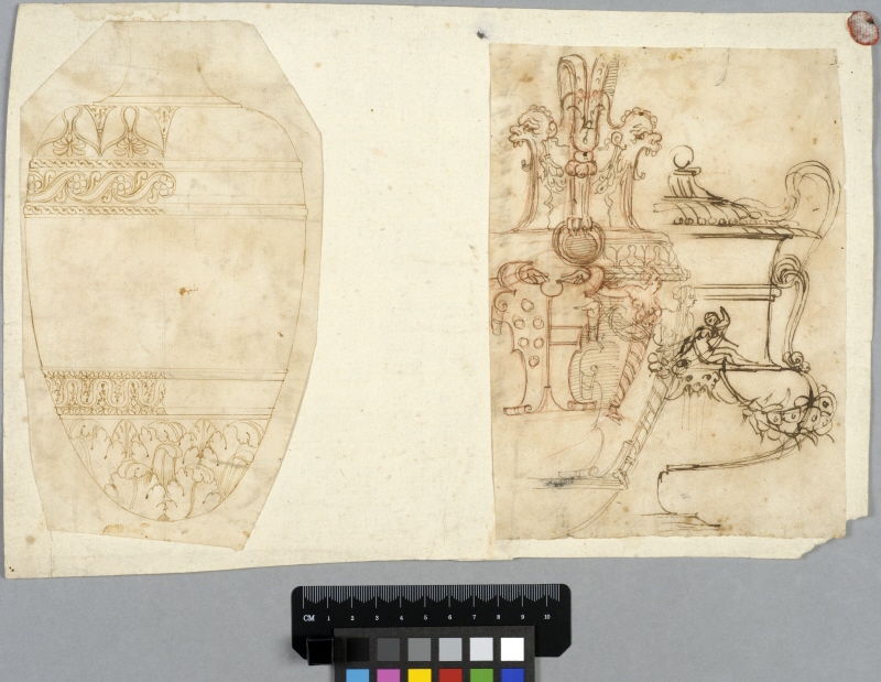 Two Drawings, to the Left a Vase and to the Right a Vase and an Urn, Mounted on an Old Letter Envelope