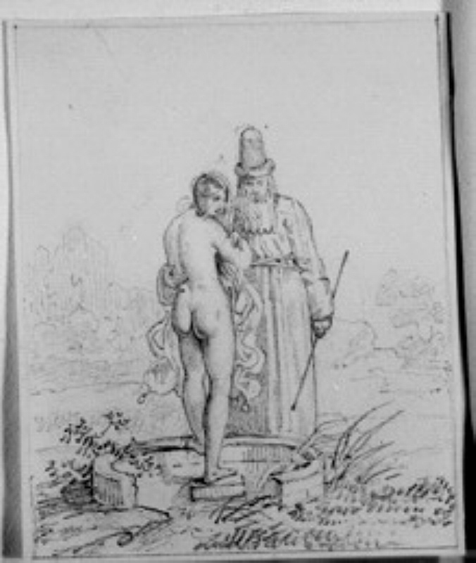Orientalisk gubbe med en ung naken kvinna stående på en brunnskant