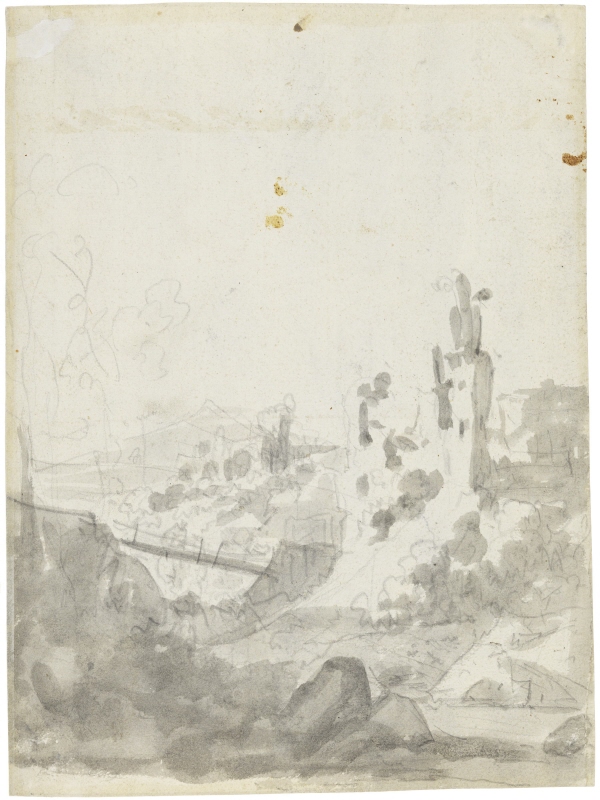 Sketch of a landscape with ruins and a bridge